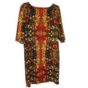 RMLL Brown and Orange Sheath Dress Floral Pattern 3/4 sleeves Scoop Neck Size 18